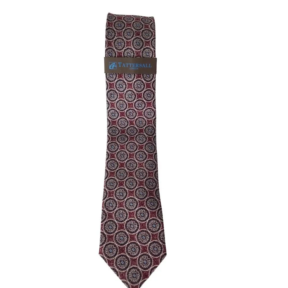 NWT Tattersall‎ London Burgundy Red Geometric Design Silk Necktie